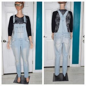 Light Blue Denim Overalls Distressed Look